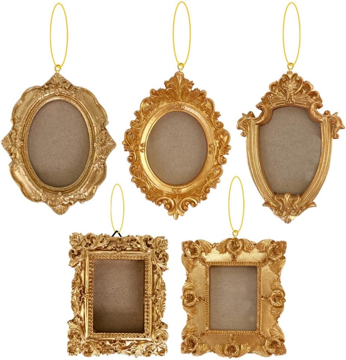 SnelShoppen - Mini Foto Lijstjes 5-Pack Vintage Goud Houten Barok Resina Hangende Lijsten met Touw voor Bruiloften, Thuis, Kantoor en Hotels