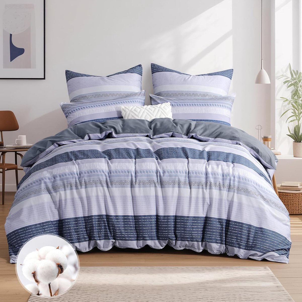 SnelShoppen - Complete Beddegoedset 220x240 cm - Katoenen Dekbedovertrek met 2 Sloop 80x80 cm - Blauw/Grijs Gestreept - Ademend & Comfortabel - Oeko-T