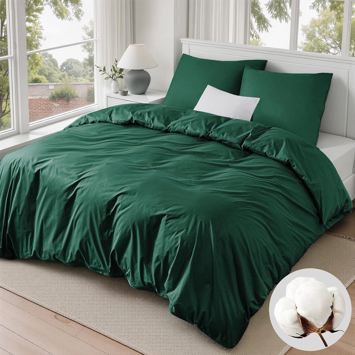 SnelShoppen - Bedding Set 220x240 cm Donkergroen Katoen met 2 Kussenslopen 80x80 cm - ÖKO-TEX Duvet Cover met Rits voor Comfortabel Slapen het Hele Ja