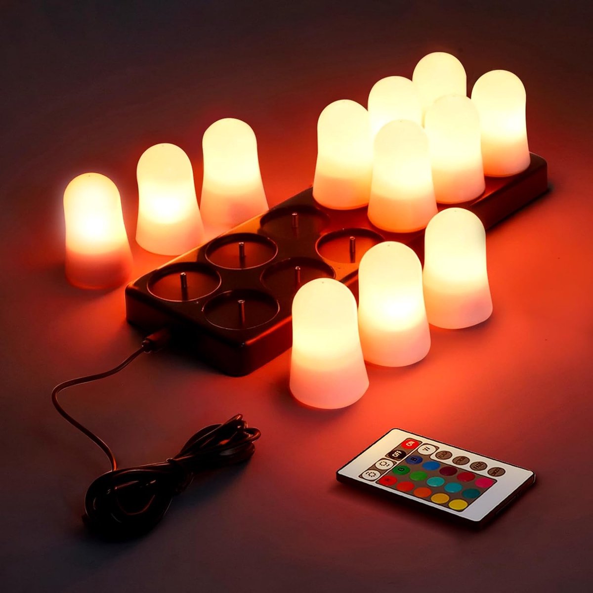 SnelShoppen - 12 x LED Theelichten RGB Multi-Kleur met Warm Wit Magnetische Basis Opladestation 5 x 5 x 25 cm - Perfect voor Feesten, Tuin, Camping, K