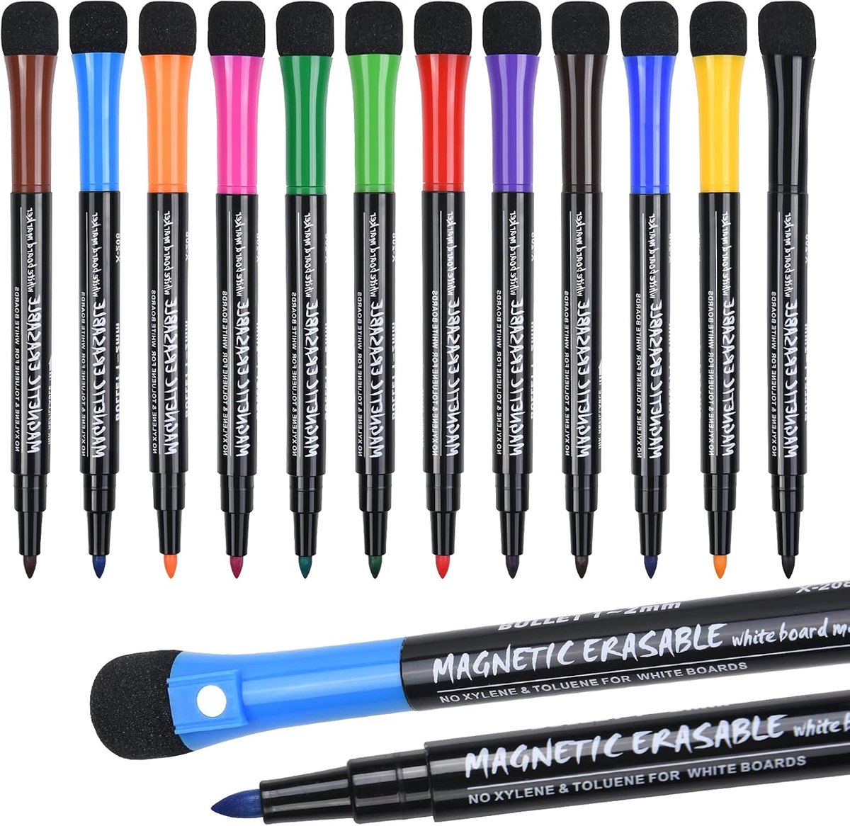 SnelShoppen - Magnetische Whiteboard Markers, 12 Kleuren Drooguitwisbare Stiften, Veilige en Milieu-vriendelijke Markers voor Kinderen en Volwassenen,