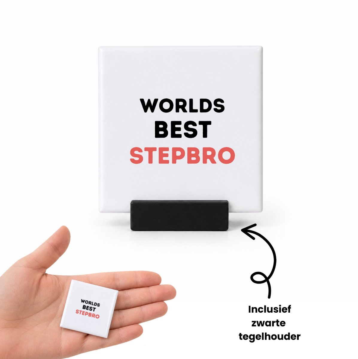 Hacebo worlds best stepbro tegeltje met tegelhouder - Broer - de beste stiefbroer - tegeltjes met tekst - verjaardagscadeau - verjaardag - cadeau - cadeautje voor broer - broer artikelen - kado - geschenk - gift - spreuktegels - 4.8x4.8 CM Wit