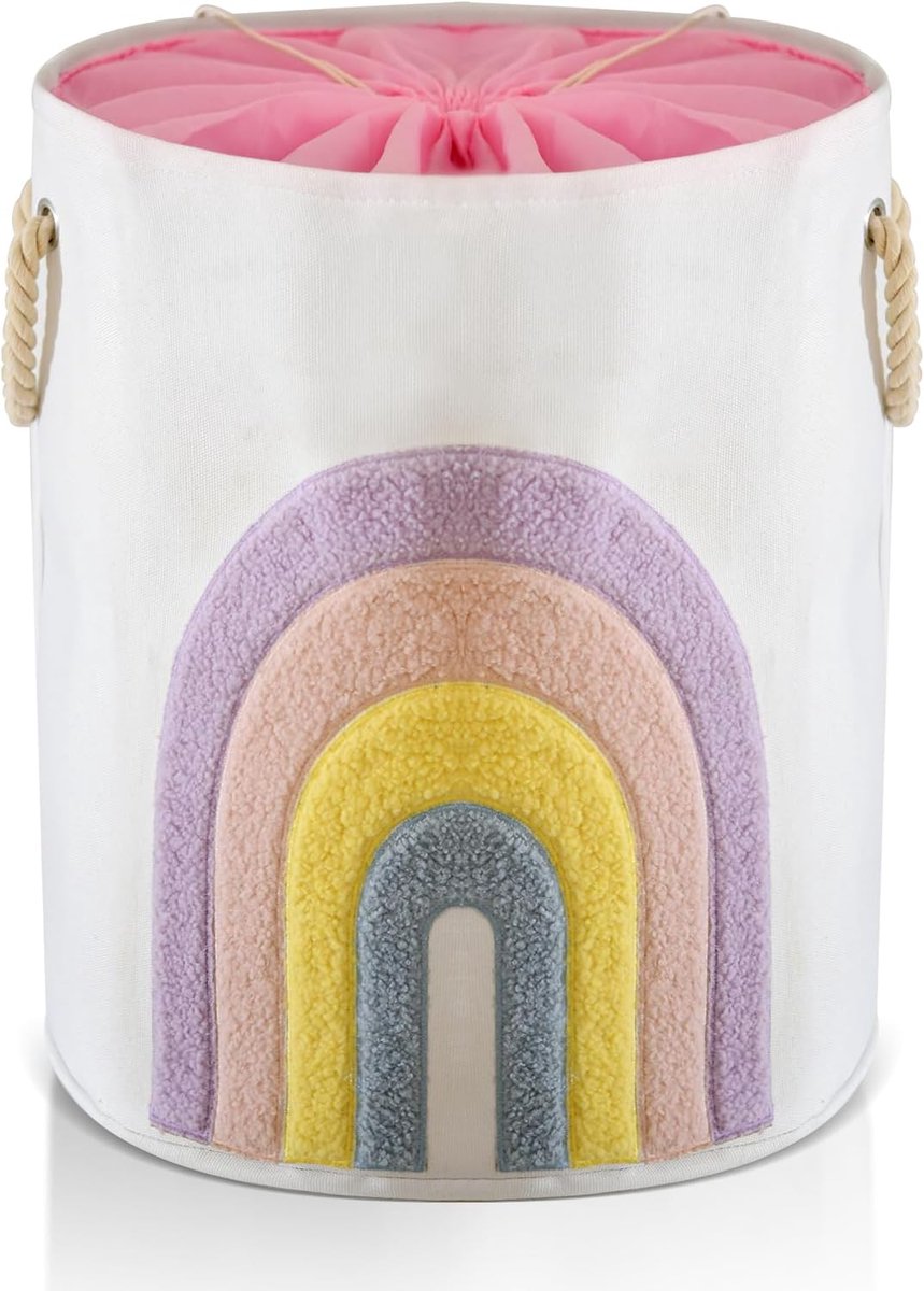 SnelShoppen - Kinderwasmand Roze 58L Canvas met Trekkoord Sluiting - Extra Grote Wasmand voor Baby Kleding en Speelgoed (Regenboog)