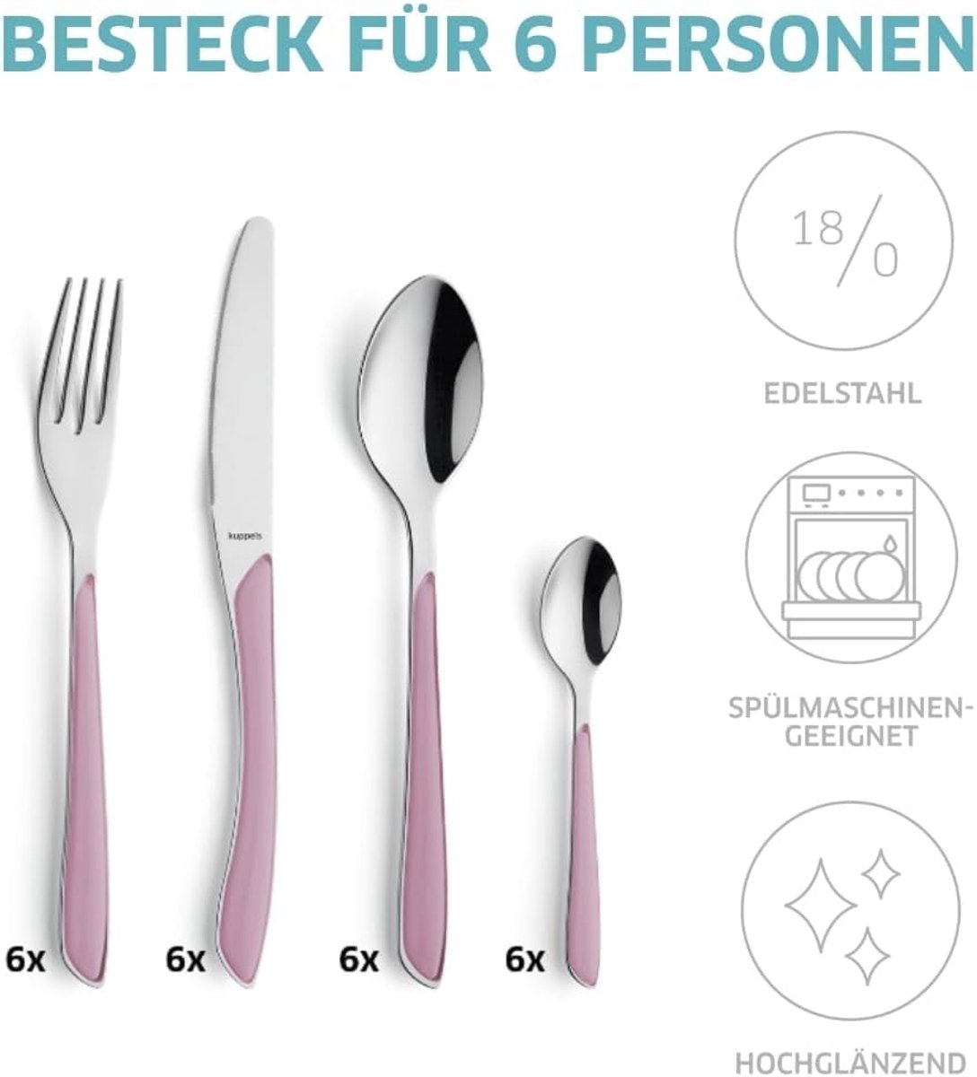 SnelShoppen - 24-delige Bestekset voor 6 Personen, Roestvrij Staal, Gepolijst, Oudroze Handgrepen, Vaatwasmachinebestendig, Eetbestek voor Feest, Tuin