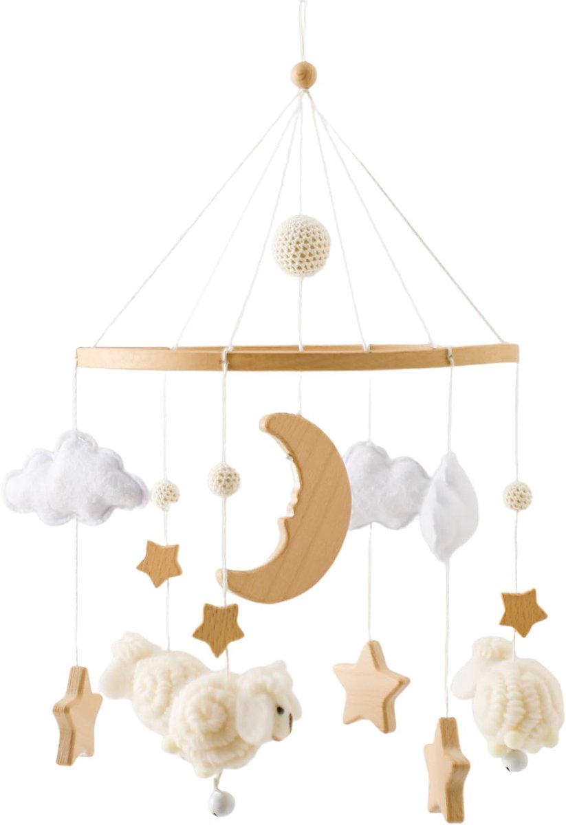 SnelShoppen - Houten Baby Mobiel met Schapen, Vilt Bollen, Sterren, Maan en Gehaakte Wolken - Windgong voor Babybedje, Verzorgingstafel, Bell Bedhange
