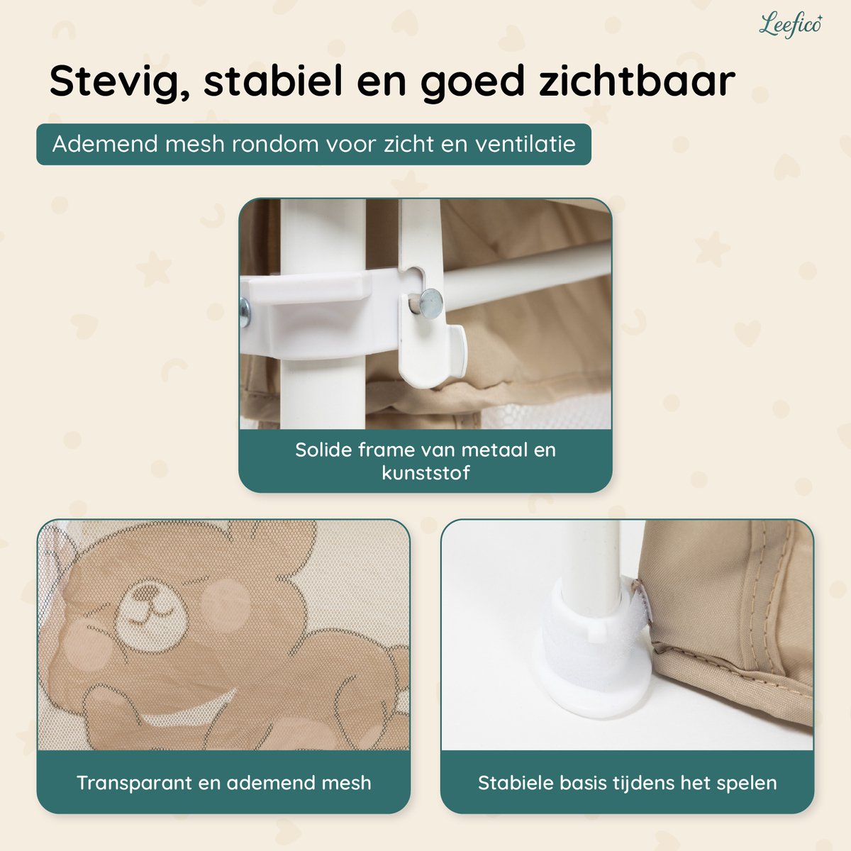 Leefico Grondbox Baby 180x120 cm - Zeer snel inklapbaar - Opvouwbare Baby Box met Speelmat - Speelbox - Kinderbox - Playpen Baby - Beer Patroon Beige – foto 8