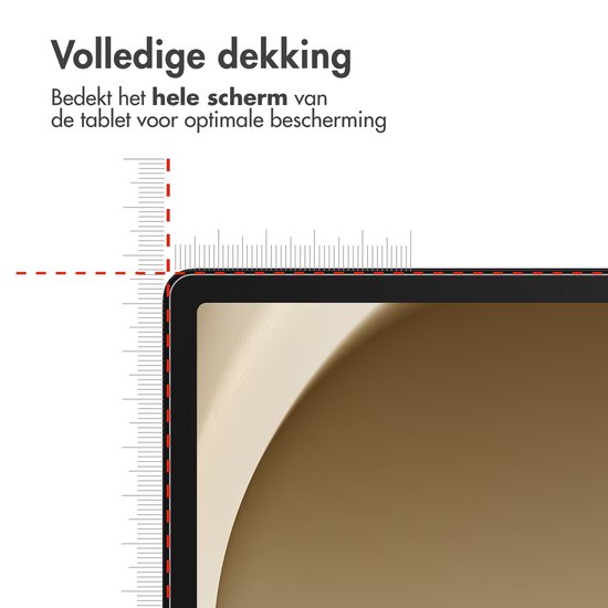 Gedetailleerde weergave van de hoek van een tablet met screenprotector, met metingen die de volledige dekking aangeven.
