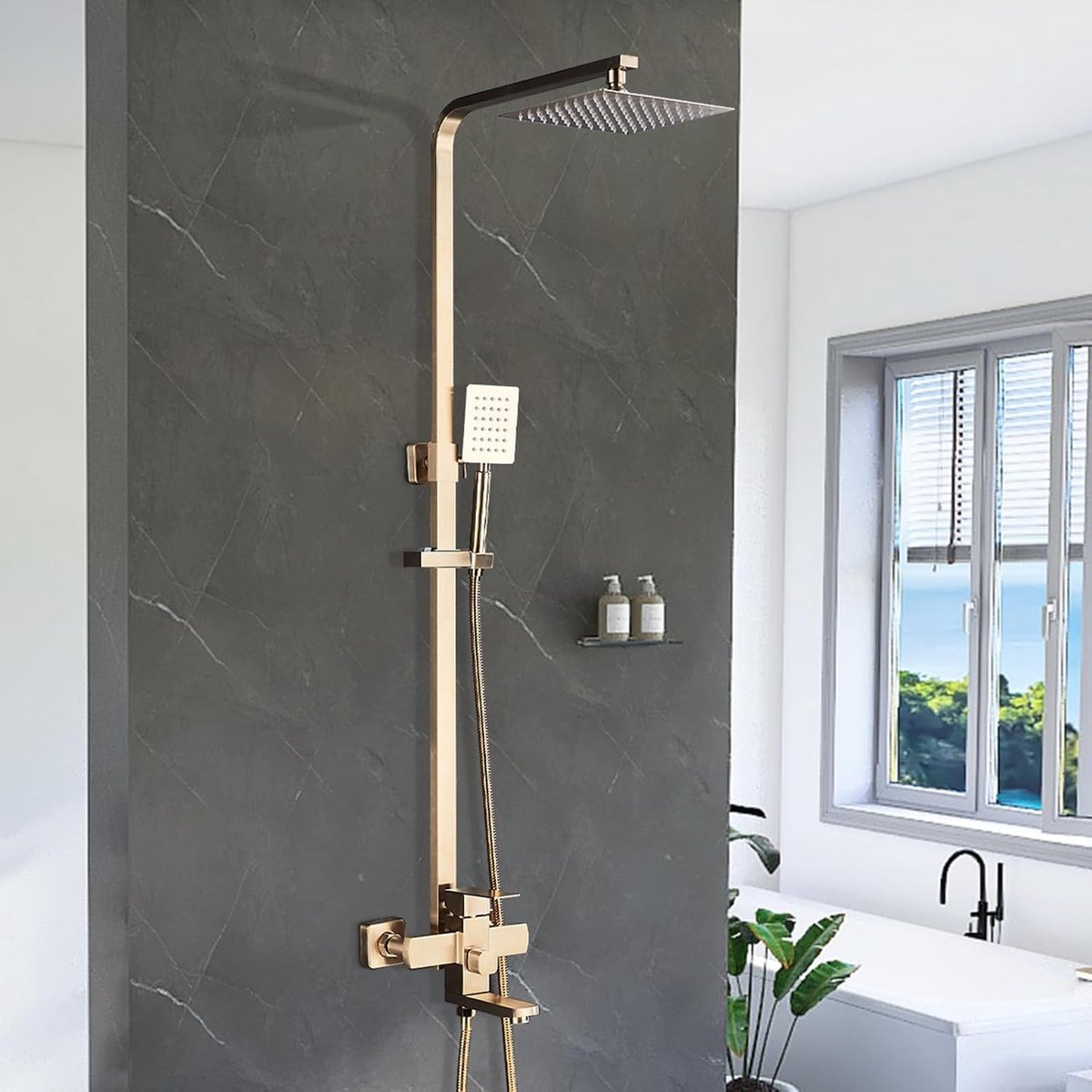 Doucheset Brushed Goud vierkant, complete douchekraan set met regendouche hoofddouche en handdouche, hoogte verstelbaar 75‑110cm, muur gemonteerd badkamer douche systeem