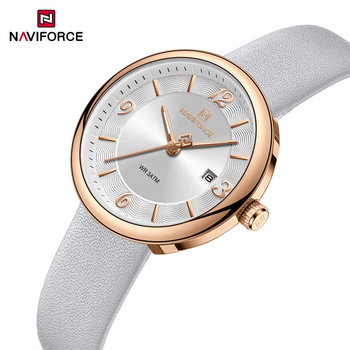 NAVIFORCE horloge met grijze lederen polsband, zilveren wijzerplaat en gouden horlogekast voor dames met stijl ( model 5076 RGWGY )