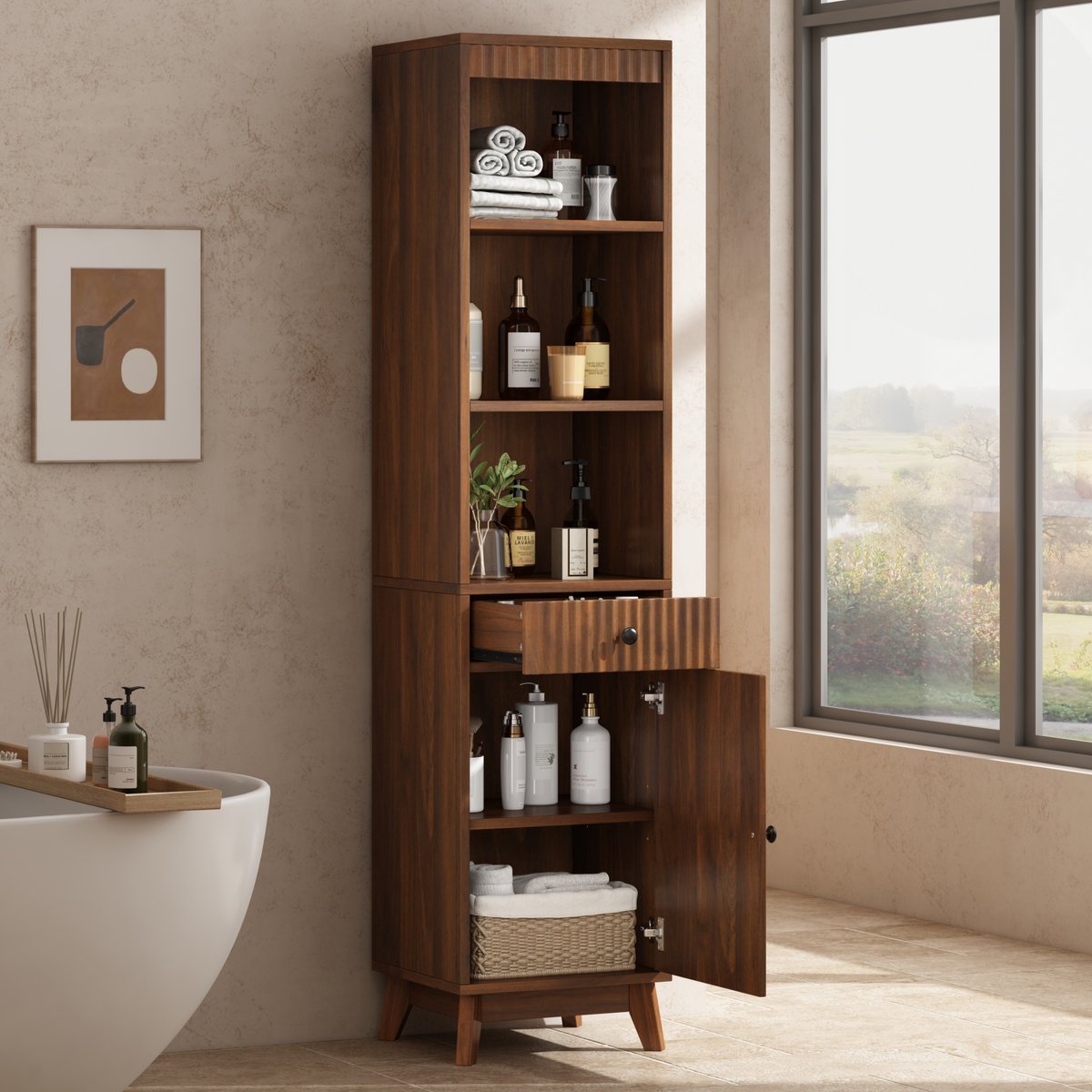 OKWISH Badkamerkast – 172 Cm Hoge Staande Kast – Met Schuiflade En Omkeerbare Deur – Opbergruimte Voor Badkamer – MDF Walnoot – 40×36×172 Cm