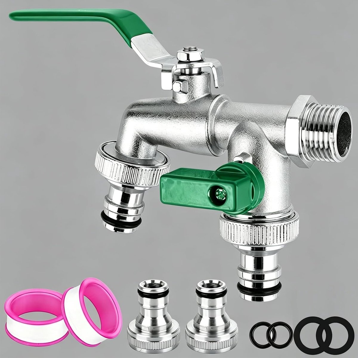 Vorstvrije buitenkraan - Zilver - Dubbele uitloop - Messing waterkraan met slangaansluitingen - Voor tuin en huishouden