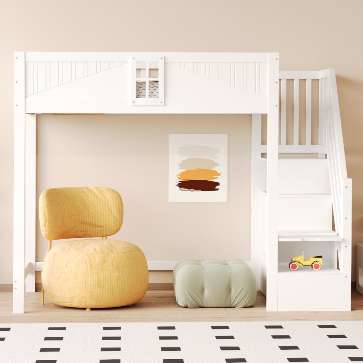 Kinderbed, Hoogslaper Van Massief Hout 90 X 200 cm, Unieke Veiligheidsdeur Met Raam, Veiligheidsladder Met Opbergruimte Aan De Zijkant (Omkeerbaar Links En Rechts), Multifunctioneel Bed-Wit-b