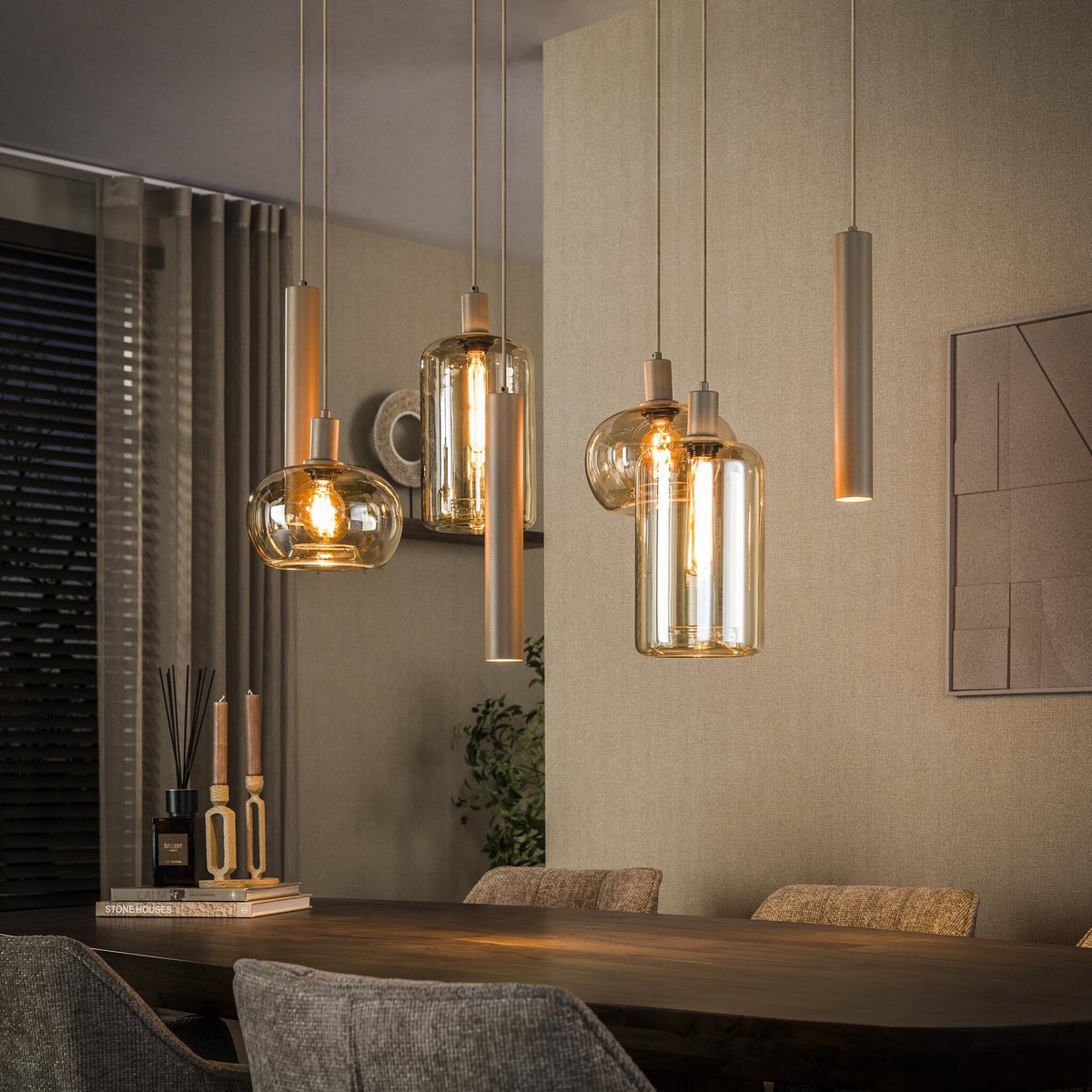 PS-Collection Hanglamp Amber Glas Beige Metaal 7-Lichts - Serene - hanglampen eetkamer, hanglamp zwart, hanglampen woonkamer, hanglamp slaapkamer, hanglamp kinderkamer, hanglamp rotan, hanglamp hout, hanglamp industrieel