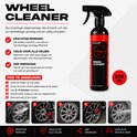 Fles met spuitmond voor "Wheel Cleaner", 500 ml. Zwarte fles met rood en geel label. Verduidelijkt het proces van wieldetailing.