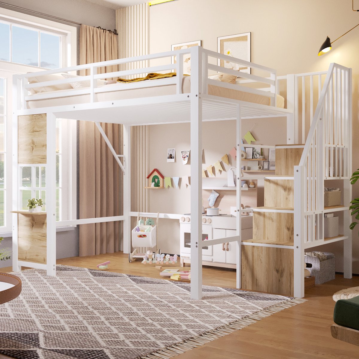 Hoogslaper 140 x 200 cm – Met Trap En Opbergruimte – Veiligheidshekken En Open Ruimte Onder Bed – Voor Kinderen – Metaal En MDF – Wit – Zonder Matras
