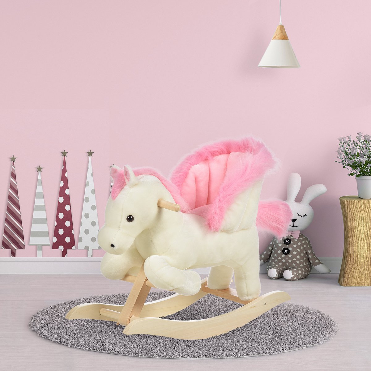 Pluche Schommelpaard met Geluid en Handvatten - Wit/Roze - 70x28x57cm
