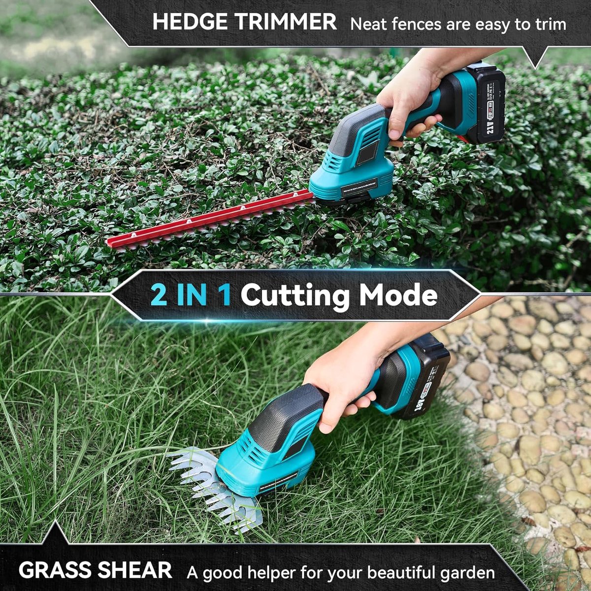 Draadloze Gras- en Heggenschaar - 2-in-1 Elektrische Tuinschaar 21V - 4000 mAh Accu - 2 Verwisselbare Snijbladen - 90° Draaibare Kop - Dubbele Veiligheidsvergrendeling - Voor Gras, Heggen, Struiken en Tuinonderhoud thumbnail 4