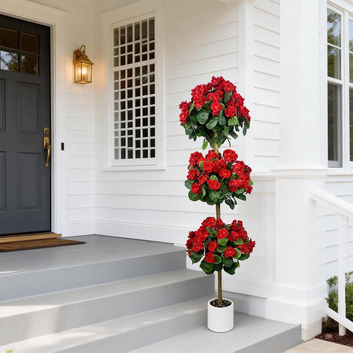 Kunstgeraniumboom - Hoge kunstplant met een ontwerp met twee of drie bollen - Realistische zijden bloemen - UV-bestendig - Onderhoudsarm - 150cm - Rood