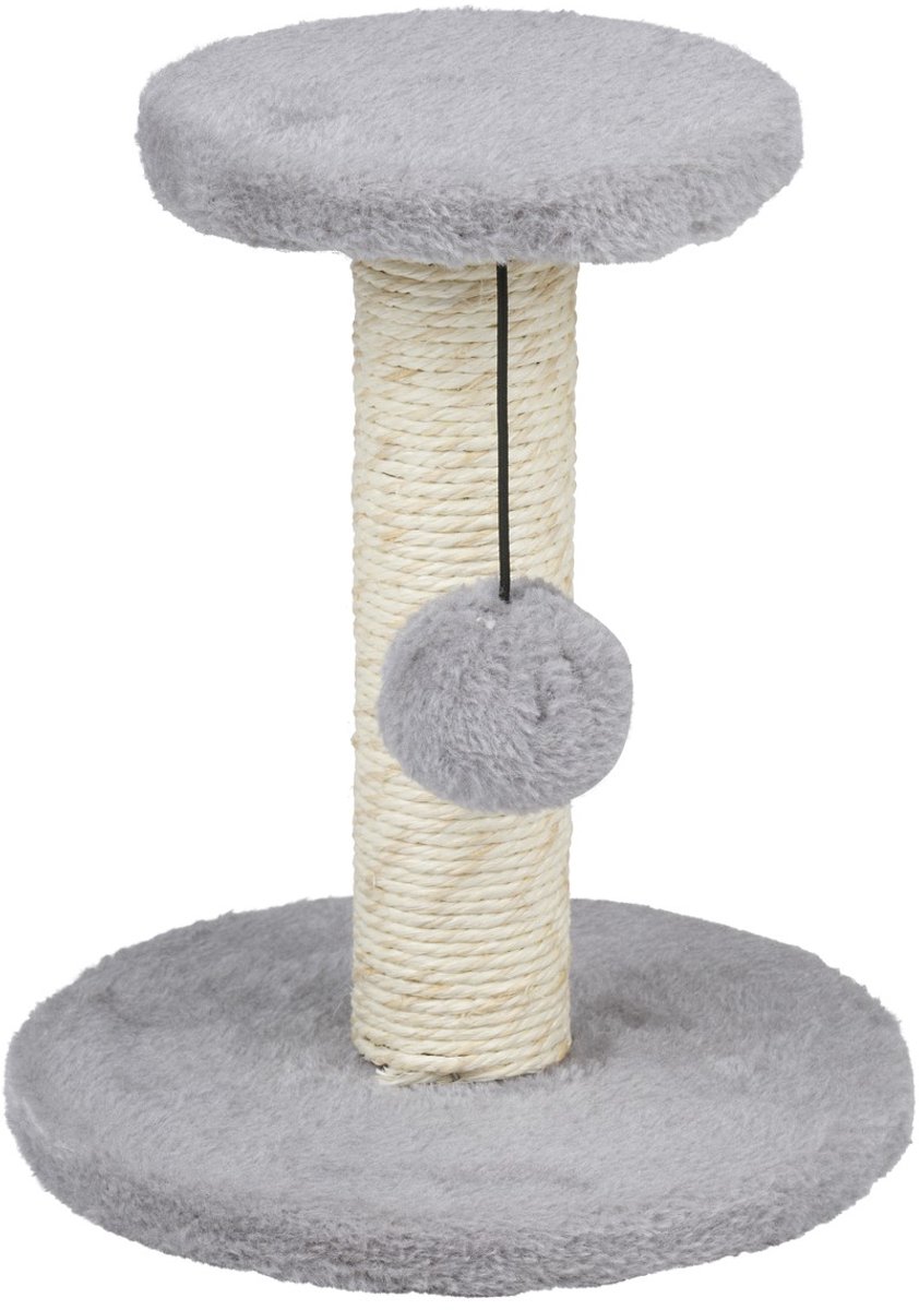 maxxpro Krabpaal voor Katten - Sisaltouw en Pluche Bekleding - Met Hangend Speelballetje - Compact en Stabiel Ontwerp voor Binnen - Afmetingen 15x20x22 cm - Grijs/Beige