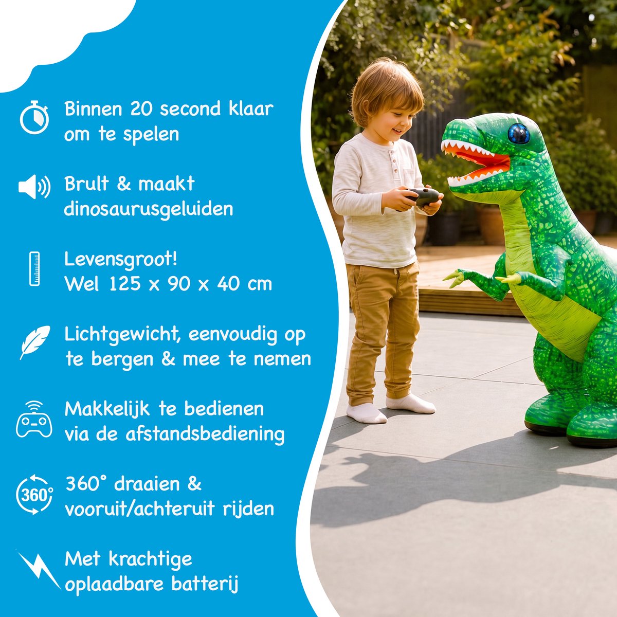 Silvergear® Opblaasbare RC Dinosaurus voor Kinderen - Bestuurbare Dino met Afstandsbediening - 90 cm Hoog - Zelfopblazend in 20 sec - Vooruit, Achteruit & 360° Draaien - Oplaadbaar - Dinosaurus Speelgoed T Rex - Groen - Cadeau voor 4,5,6,7,8+ Jaar — afbeelding 2