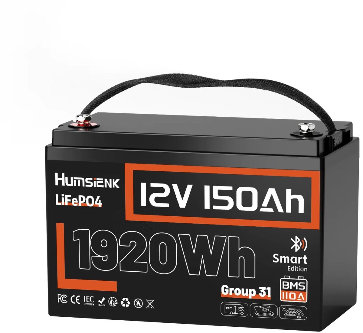 12V 150Ah 1,92kWh LiFePO4-accu | Ingebouwde 110A slimme BMS, 31 cellen | Ideaal voor campers, boten en off-grid systemen