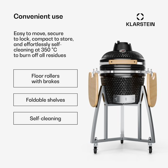 Klarstein Queensize kamado grill - om te grillen, slow cooking, roken of bakken, afneembare zijpanelen, materialen: keramiek, roestvrij staal, bamboe, thermometer van 0-450 °C, 3 wielen, zwart van Klarstein — afbeelding 3