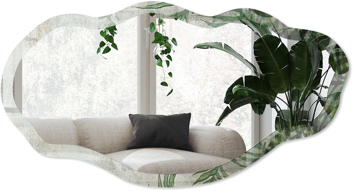 Wallfluent Tropische Varen Spiegel - Groen Rechthoekige Spiegel Voor Interieur - Organische Spiegel - Slaapkamer, Woonkamer, Badkamer - Schilderachtig - 45x90 cm - Totale afmeting 52x97 cm