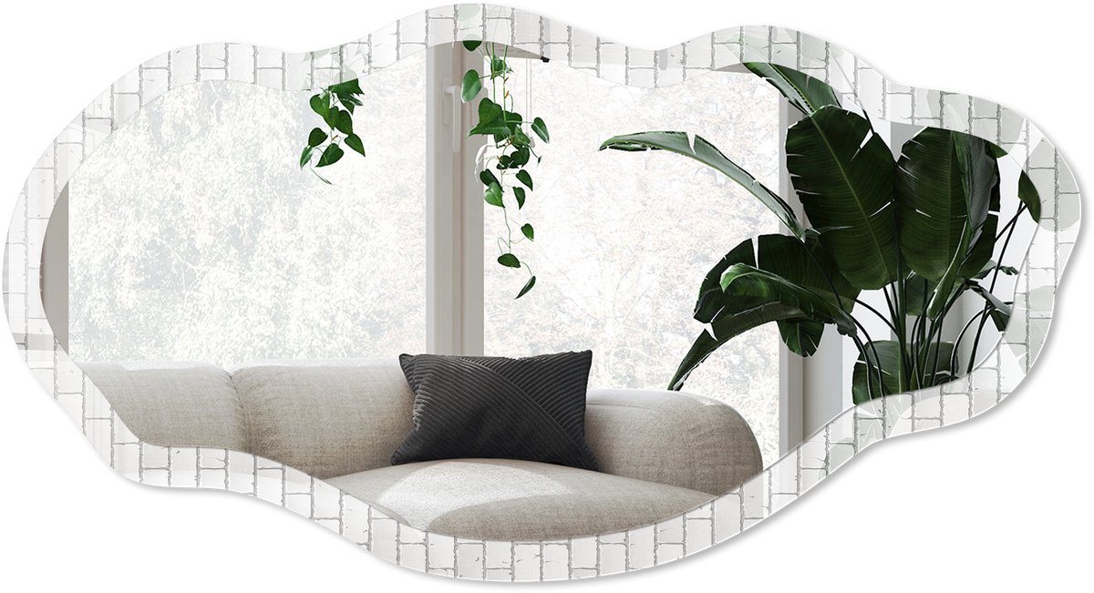 Wallfluent Witte Baksteen Spiegel - Wit Moderne Rechthoekige Wandspiegel - Organische Spiegel - Woonkamer - Minimalistisch - 45x90 cm - Totale afmeting 52x97 cm