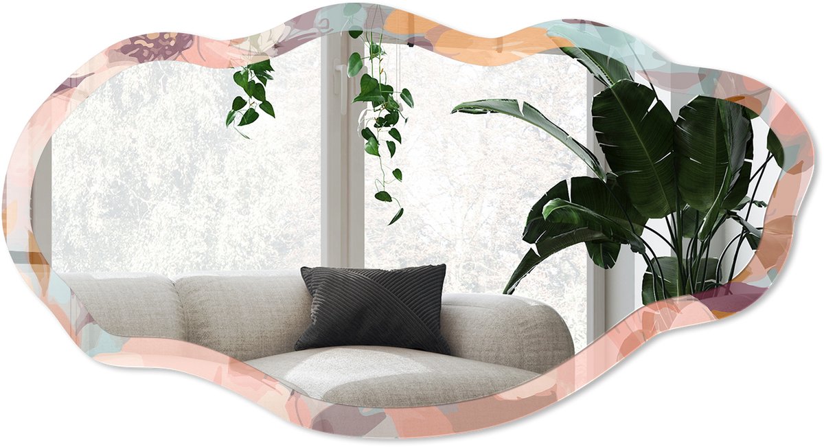 Wallfluent Bloemige Elegantie Spiegel - Roze Rechthoekige Spiegel Voor Interieur - Organische Spiegel - Slaapkamer, Woonkamer, Badkamer - Schilderachtig - 45x90 cm - Totale afmeting 52x97 cm