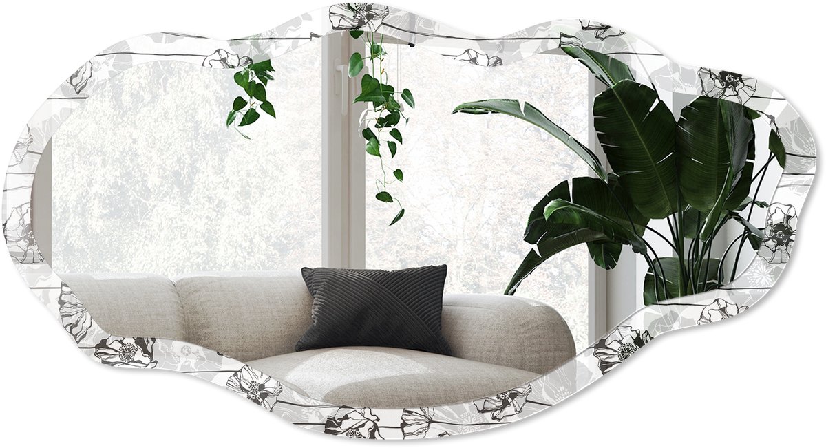 Wallfluent Bloemenmotieven Spiegel - Zwart Rechthoekige Spiegel Voor Interieur - Organische Spiegel - Woonkamer - Lijntekening - 45x90 cm - Totale afmeting 52x97 cm
