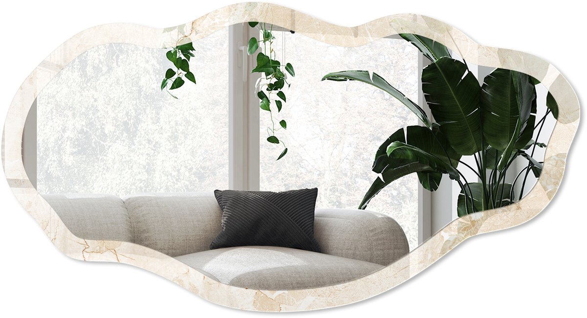 Wallfluent Beige Patroon Spiegel - Beige Moderne Rechthoekige Wandspiegel - Organische Spiegel - Woonkamer, Badkamer, Kantoor - Boho - 45x90 cm - Totale afmeting 52x97 cm
