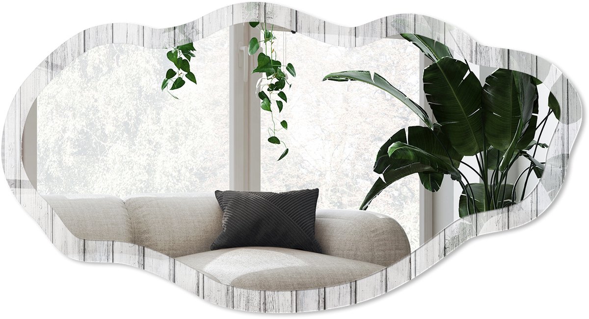 Wallfluent Licht Hout Spiegel - Wit Rechthoekige Spiegel Met Modern Design - Organische Spiegel - Woonkamer - Rustiek - 45x90 cm - Totale afmeting 52x97 cm