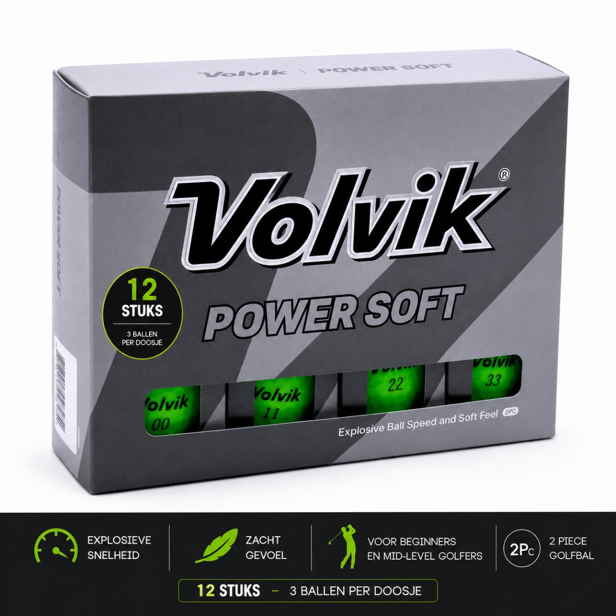 Volvik Power Soft Golfballen 12 Stuks – 2-Piece – Neon Groen – Explosieve Balsnelheid – Zacht Gevoel – Golfballen voor Beginners & Mid-Level Golfers - Golfballen