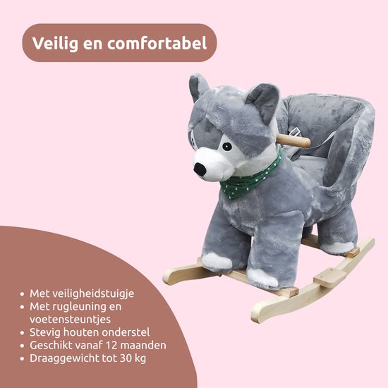 Grijs schommeldier met veiligheidstuigje, rugleuning, voetensteuntjes en groen sjaaltje.