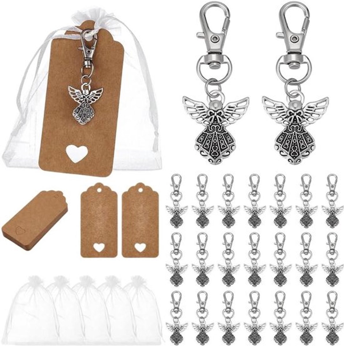 Engel Sleutelhanger - Begrafenis Gunst - Zilver - Organza Geschenkzakjes - Viering van het Leven - Doopgunst - Herdenkingsfeest - Zilveren Engel - Sleutelhanger met Lege Etiketten - 24 Sets
