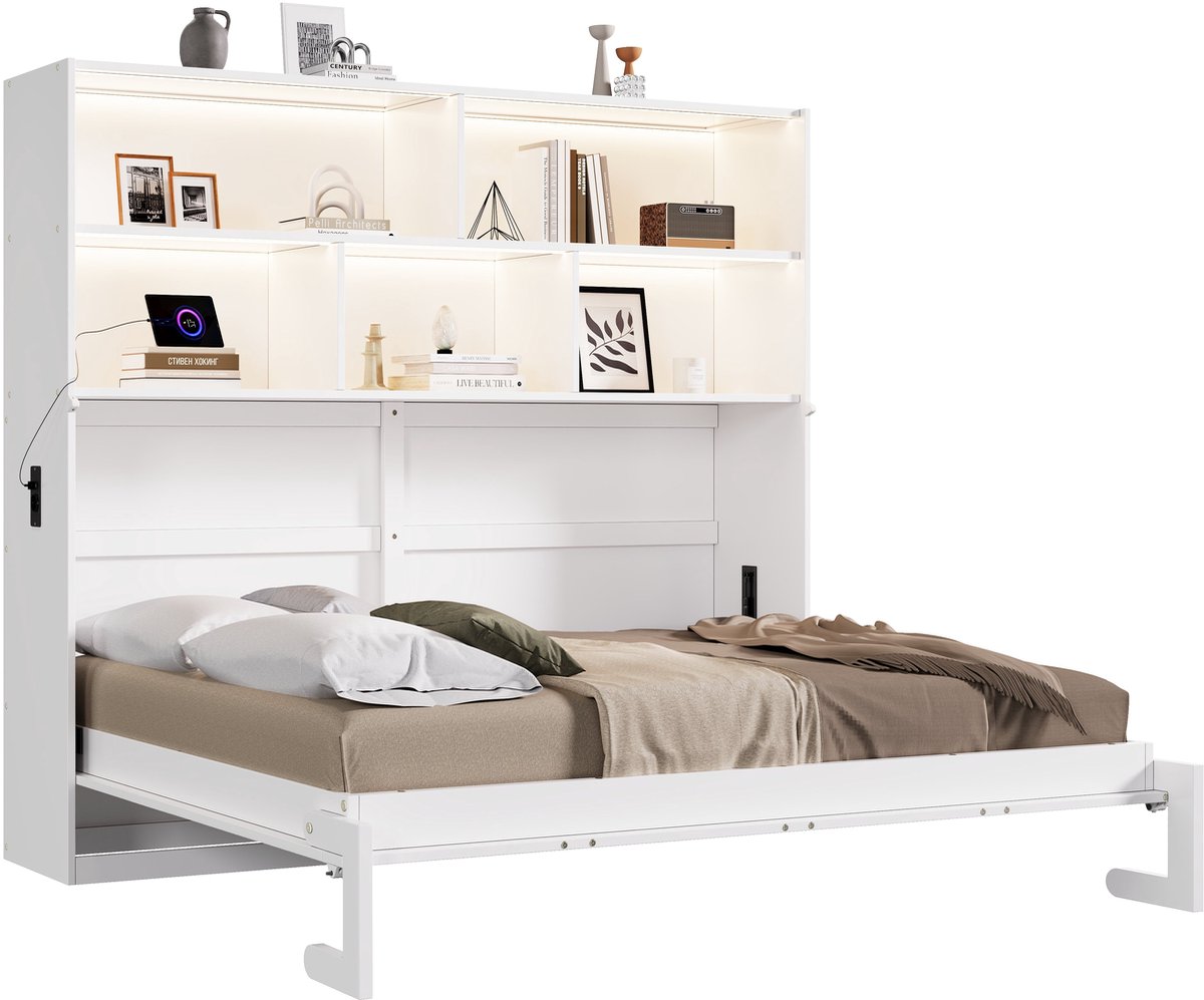 Merax Opklapbed 90x200 cm - Kastbed Met Opbergruimte - LED Verlichting - USB - USB-C En Stopcontacten - Wit
