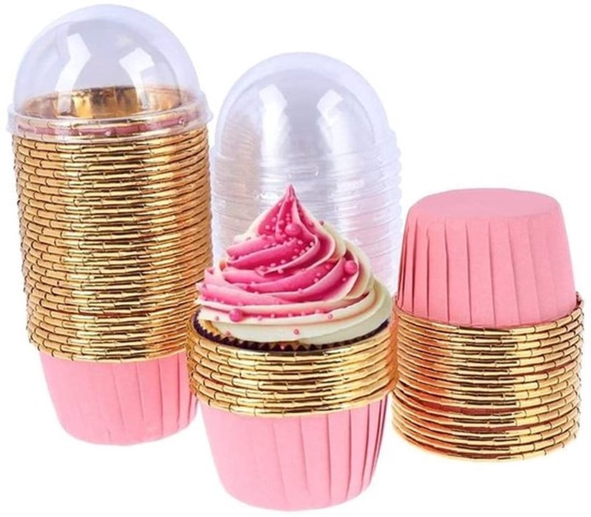 Cupcakevormpjes 50 Stuks - Aluminium Folie - Hittebestendig - Wegwerp Bakbekers - Antiaanbaklaag - Roze Goud - Deksel
