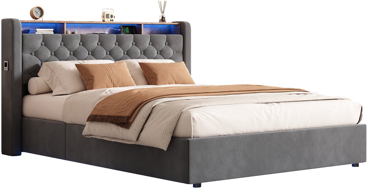MEUNIQ Gestoffeerd opbergbed 140x190 cm met hydraulische opbergruimte, LED-verlichting, USB-A/USB-C en hoofdbordplank, grijs