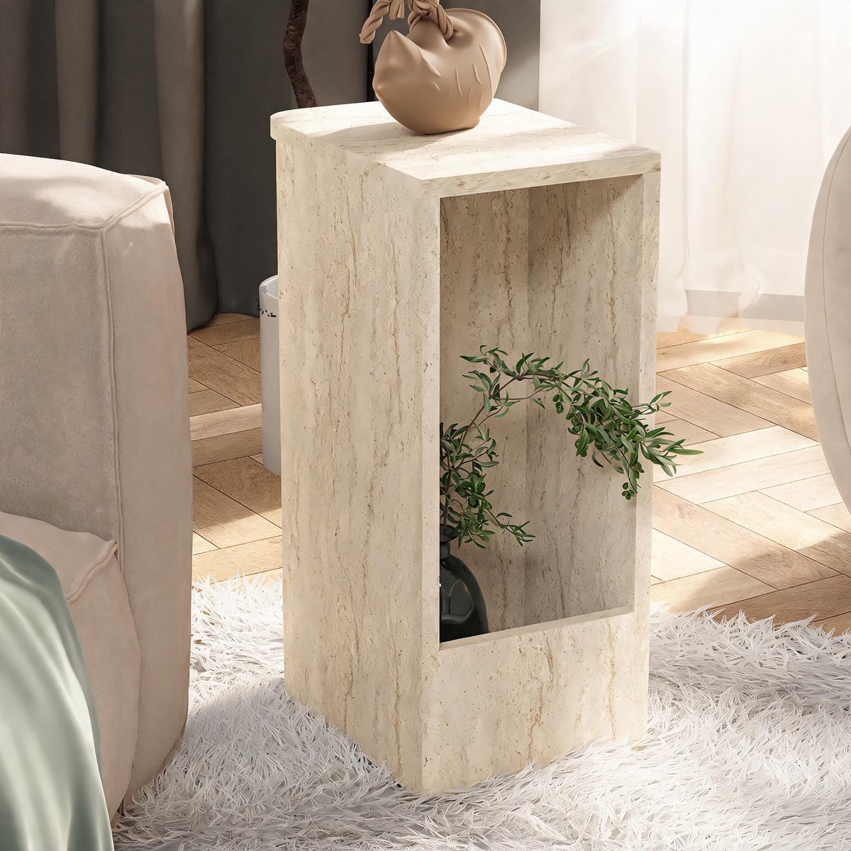 Asir - Bijzettafel - Travertijn - 24,8 x 34,8 x 60 cm