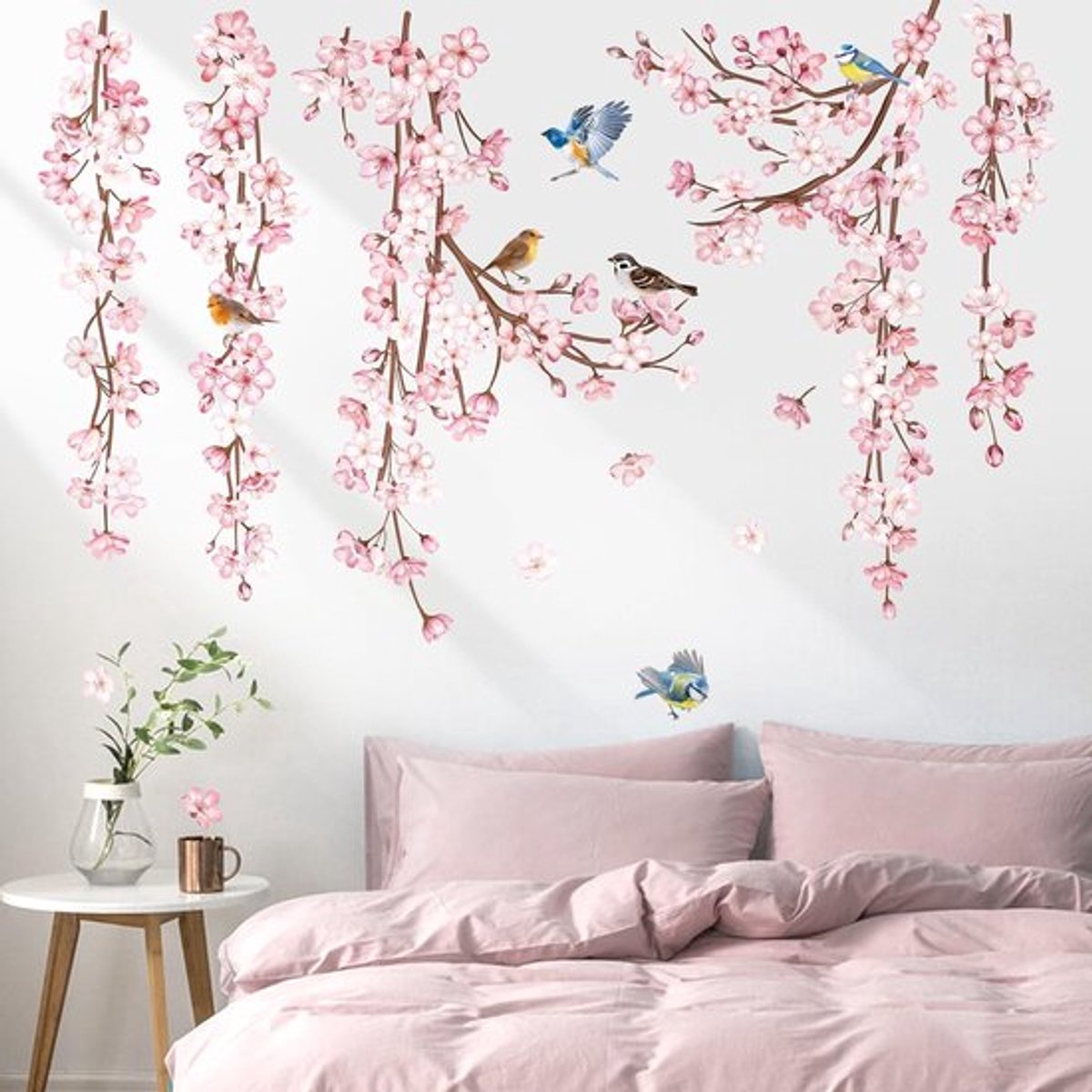 Kersenbloesem Muurstickers - Wanddecoratie - Roze - Bloemen en Vogels - Perfect voor Slaapkamer en Woonkamer - Eenvoudig aan te brengen