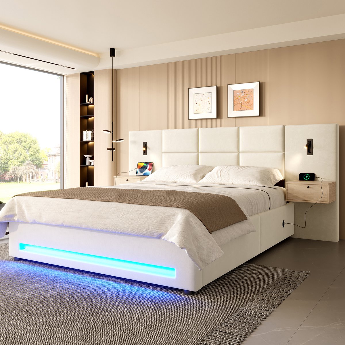 MIVRAY Bed 160x200 cm - Tweepersoonsbed Met Hoofdbord En Opberglades - LED Verlichting En USB-C - Opbergruimte - Velours - Beige - Zonder Matras