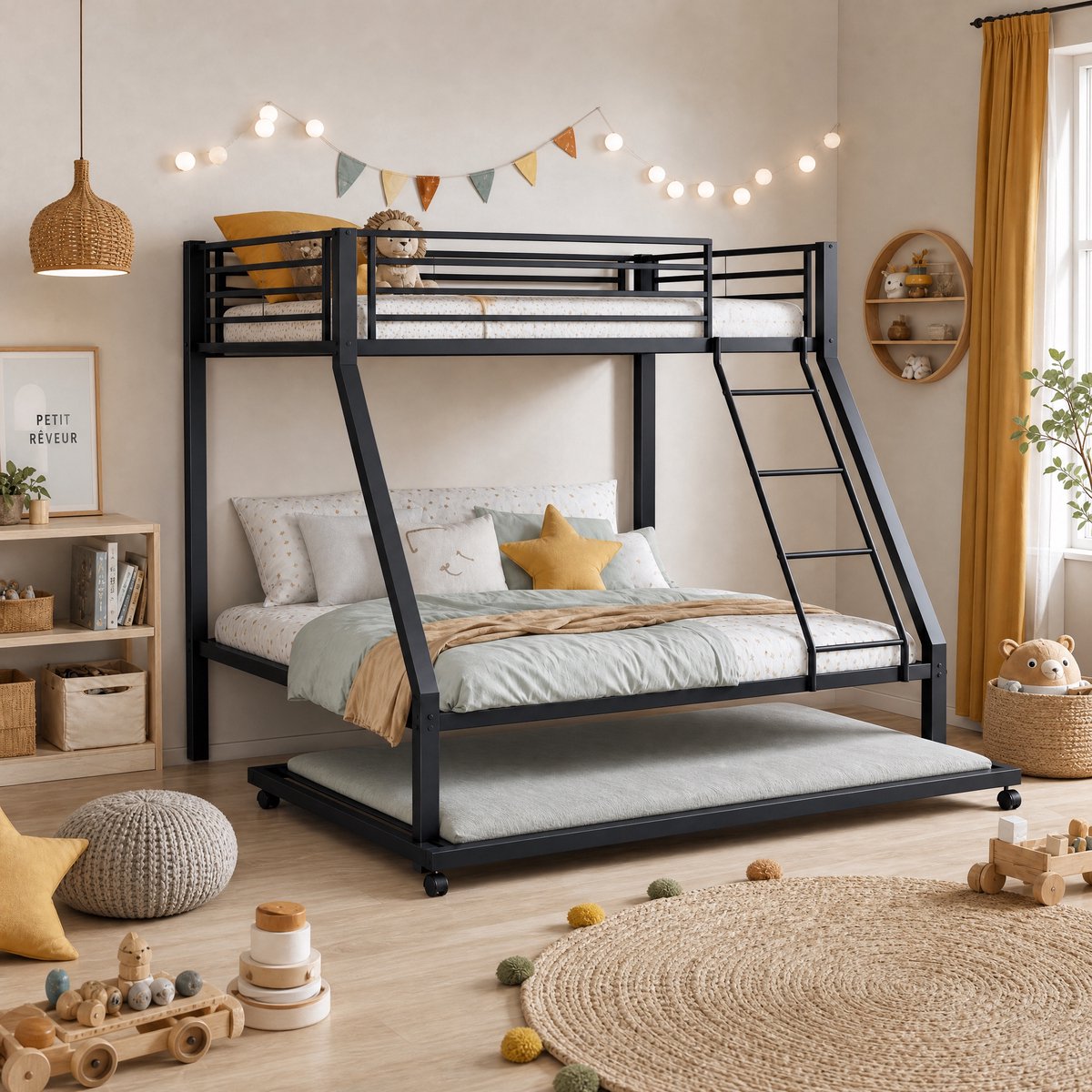 OKWISH Stapelbed 90x200 en 140x200 cm Met Uitklapbed 90x190 cm Met Matras Zonder Matras 3 Slaapplaatsen Met Trap En Valbeveiliging Zwart Metaal