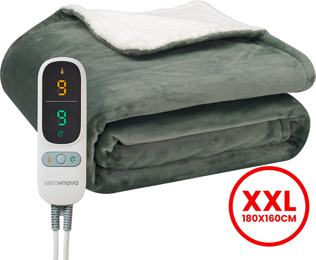 Seranova Elektrische Deken XXL - Extra Warmtedraden - Premium Model - 180x160 cm - 2 persoons Warmtedeken - Dubbelzijdig Fleece Sherpa - Groen