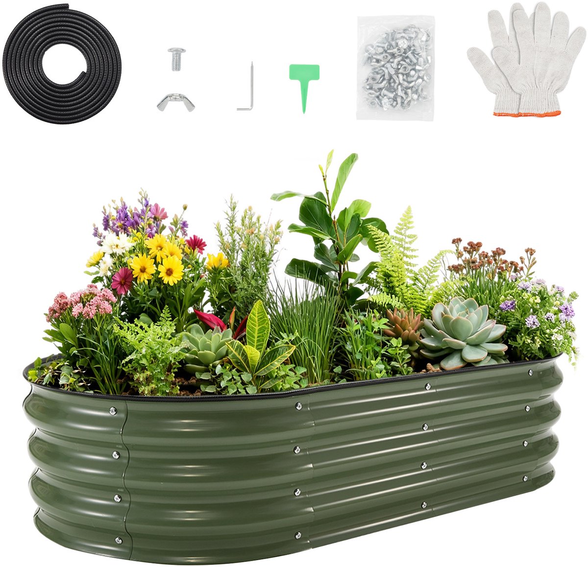 HoerFuriy - Verhoogde Moestuinbak Ovaal - Gegalvaniseerd Stalen Plantenbak - Roestbestendige Verhoogde Tuinbak - Groen 120x60x30cm