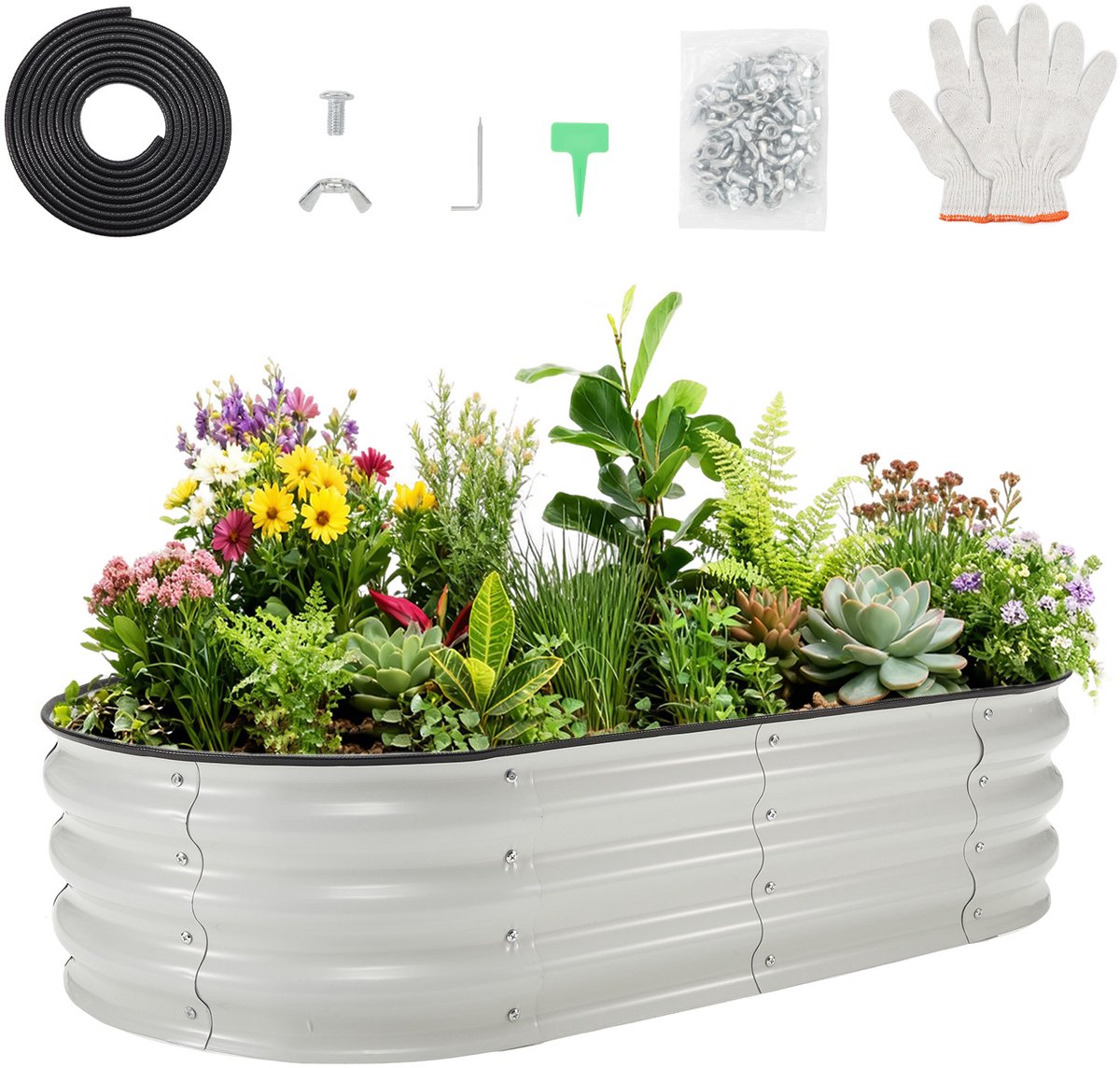 HoerFuriy - Verhoogde Moestuinbak Ovaal - Gegalvaniseerd Stalen Plantenbak - Roestbestendige Verhoogde Tuinbak - Wit 120x60x30cm