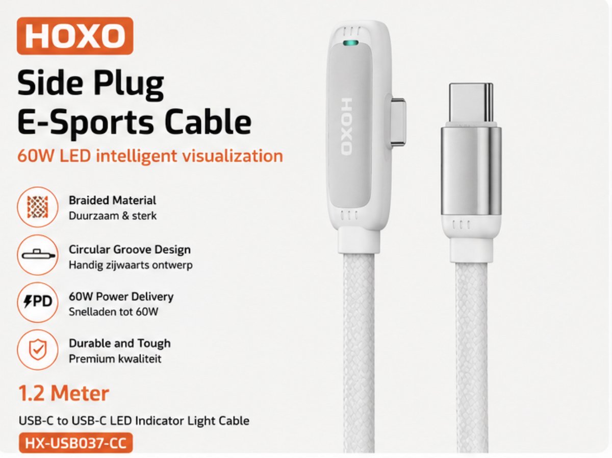 HOXO USB-C naar USB-C Kabel 60W - 1.2 Meter - PD Snelladen - Gevlochten Kabel - Zijwaartse Stekker - LED Indicator - Wit