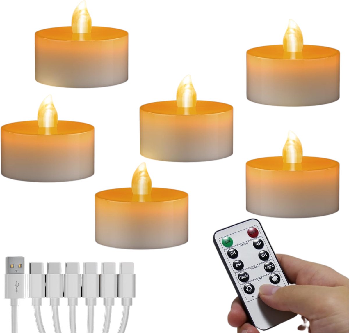 ZRNS® Waxinelichtjes Oplaadbaar - Theelichtjes op Batterijen - Kaarsen LED op Batterij - Met Afstandsbediening - 6 Stuks