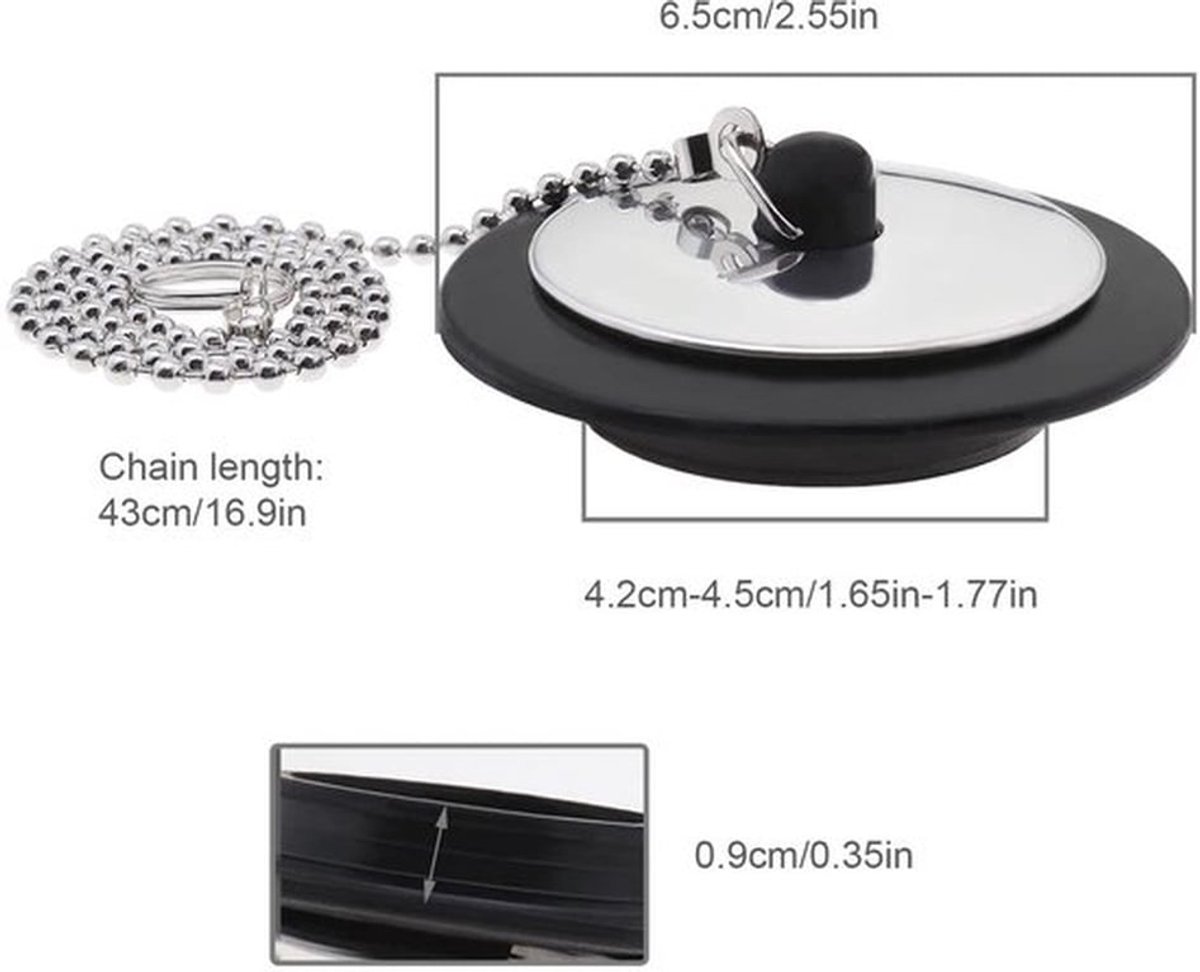 - Bad Plug - Afvoerstopper - 3 stuks - Zwart - Universele Spoelbak Plug - Geschikt voor Bad en Keuken - 43 mm