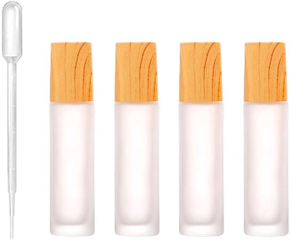 Etherische Oliën Set - Glazen Flesjes - Roll-on Botteltjes - Navulbare Blikjes - Met Pipetten - 10 ml, 4 Stuks