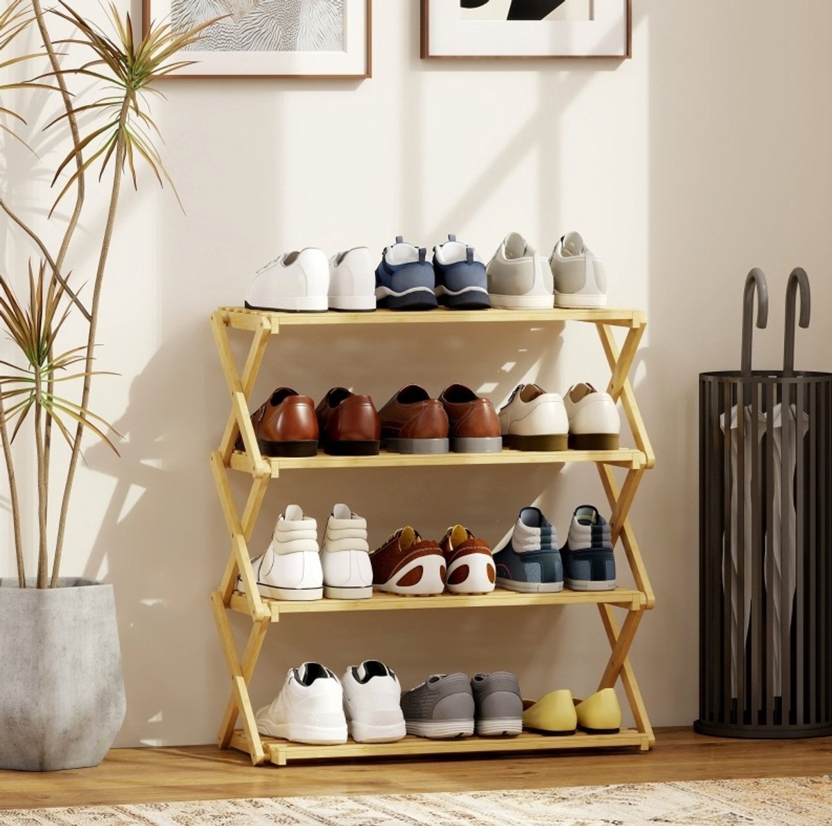 REDOM - Schoenenkast - 4 niveaus voor 12 paar schoenen - Inklapbaar staand rek - Geen montage vereist - Hal of entree - Bamboe - Natuurlijke houtkleur - 60 x 29 x 67 cm